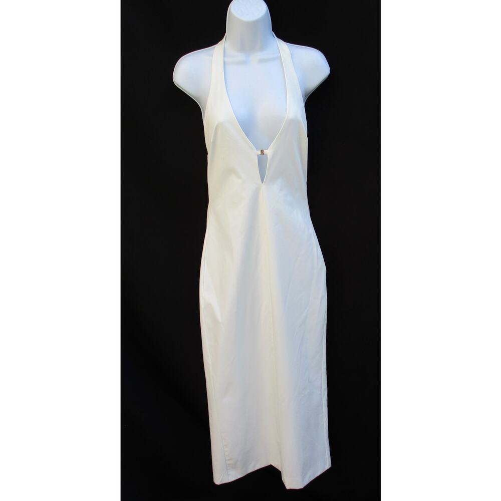 Nwt ZARA Ivory White Deep V-Neck Fitted Halter Midi Dress Women Sz M